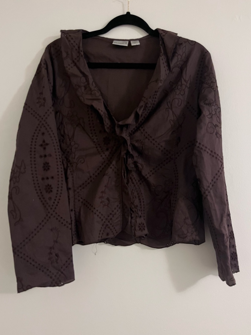 Vintage Y2K Chico's - Western Pointelle Ruffle Top Size 1 in Chocolate Brown